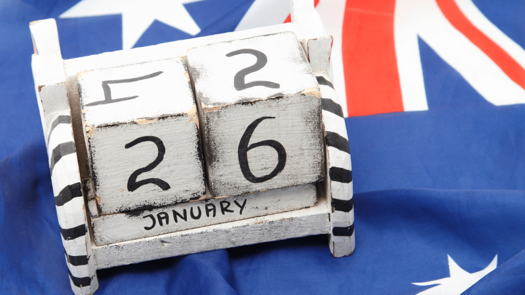 The date 26 January displayed in front of an Australian flag